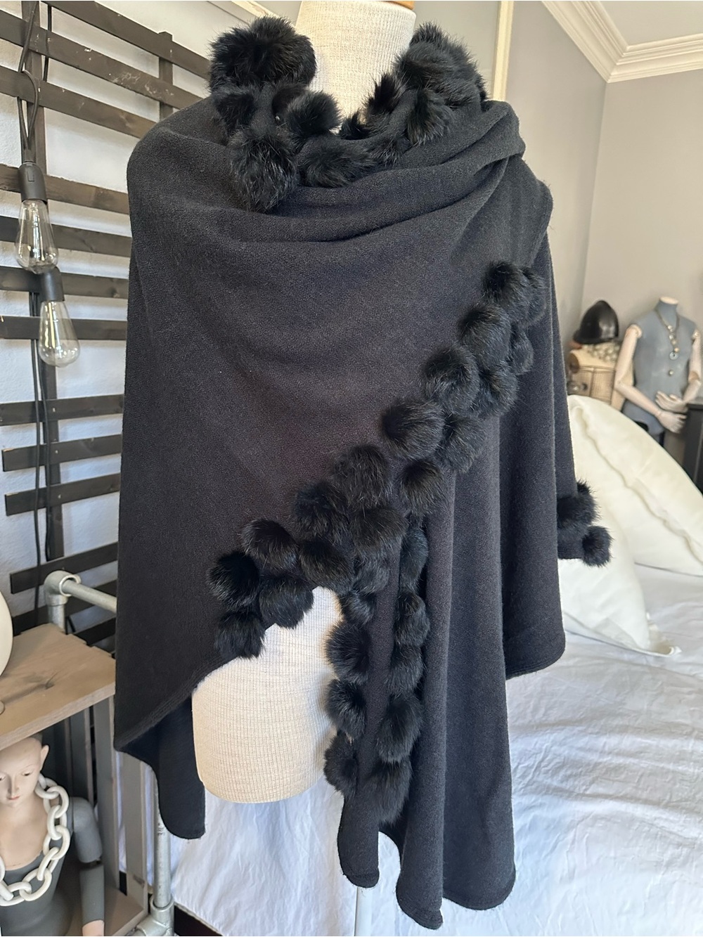 Black Knit Wrap with rabbit fur Pom Pom accents - Picture 7 of 11
